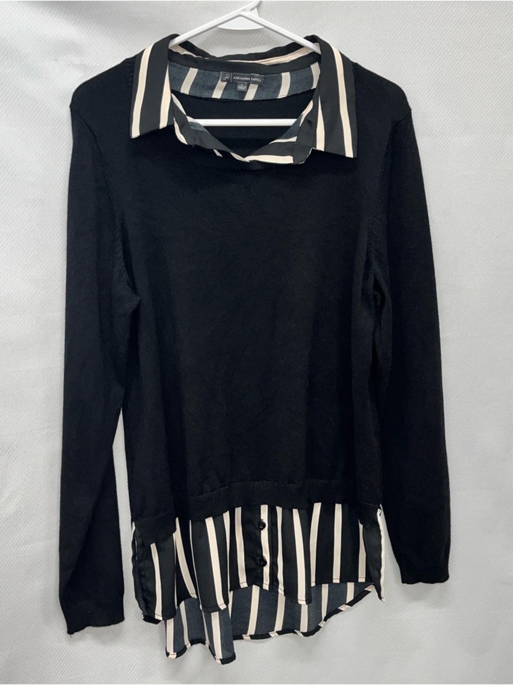 Adrianna Papell Black Sweater Top with White Striped Collar & Hem